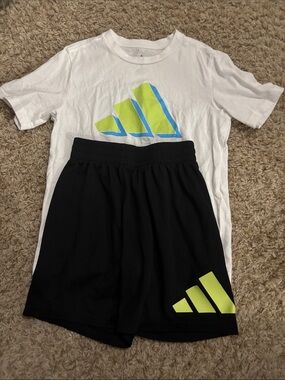 Boys Small adidas White Tee and Black Shorts with Neon Yellow Logo